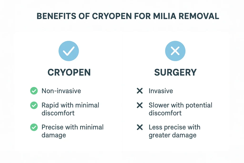 Benefits of cryopen for milia removal Barnes compared to surgical treatments.
