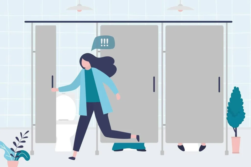 graphic of Urine incontinence Barnes woman running to the toilet.